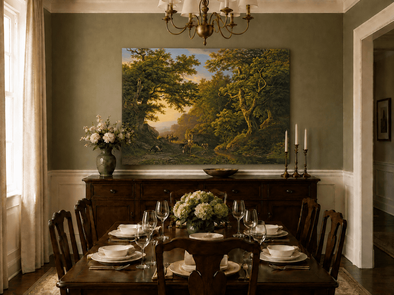 Peinture à l'huile de paysage - Chemin forestier avec bétail et voyageurs