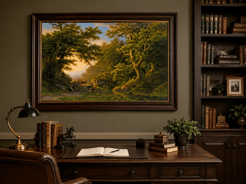 Peinture à l'huile de paysage - Chemin forestier avec bétail et voyageurs