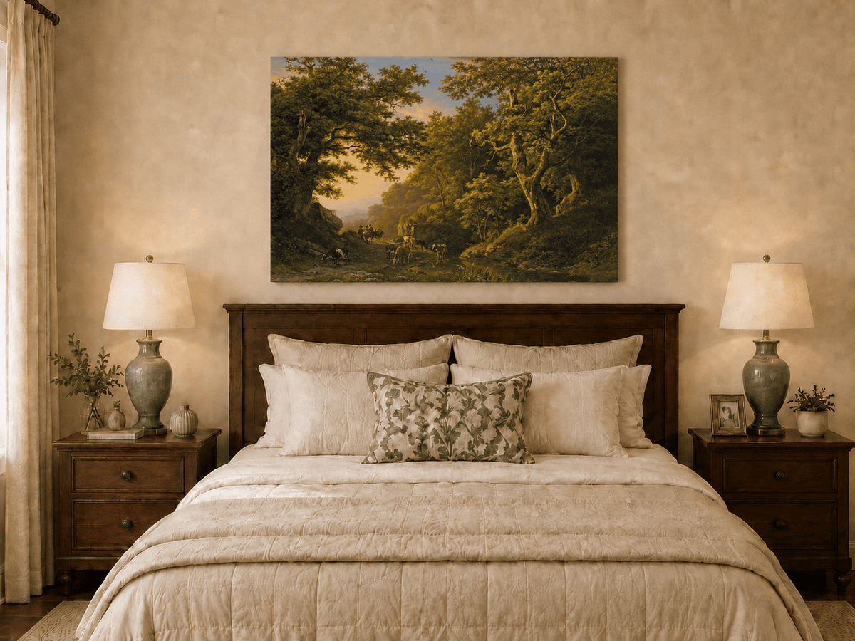 Peinture à l'huile de paysage - Chemin forestier avec bétail et voyageurs