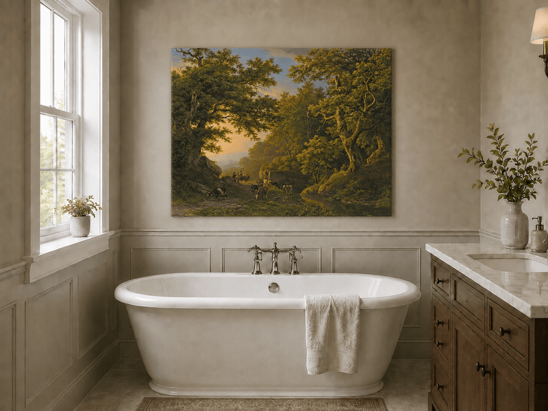 Peinture à l'huile de paysage - Chemin forestier avec bétail et voyageurs