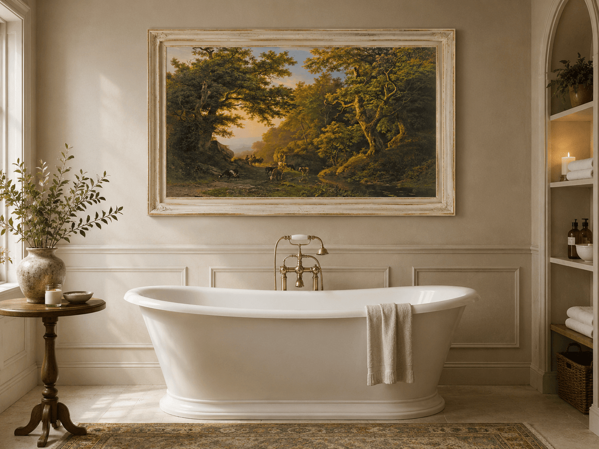 Peinture à l'huile de paysage - Chemin forestier avec bétail et voyageurs