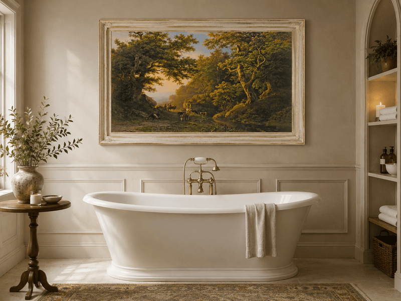 Peinture à l'huile de paysage - Chemin forestier avec bétail et voyageurs