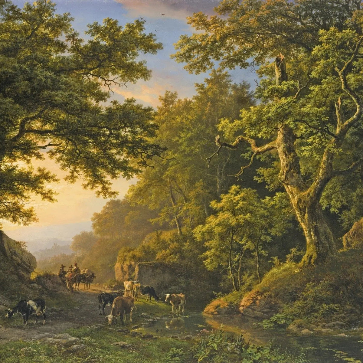 Landscape Oil Painting - Forest Path with Cattle & Travelers - Oil Painting Haven
