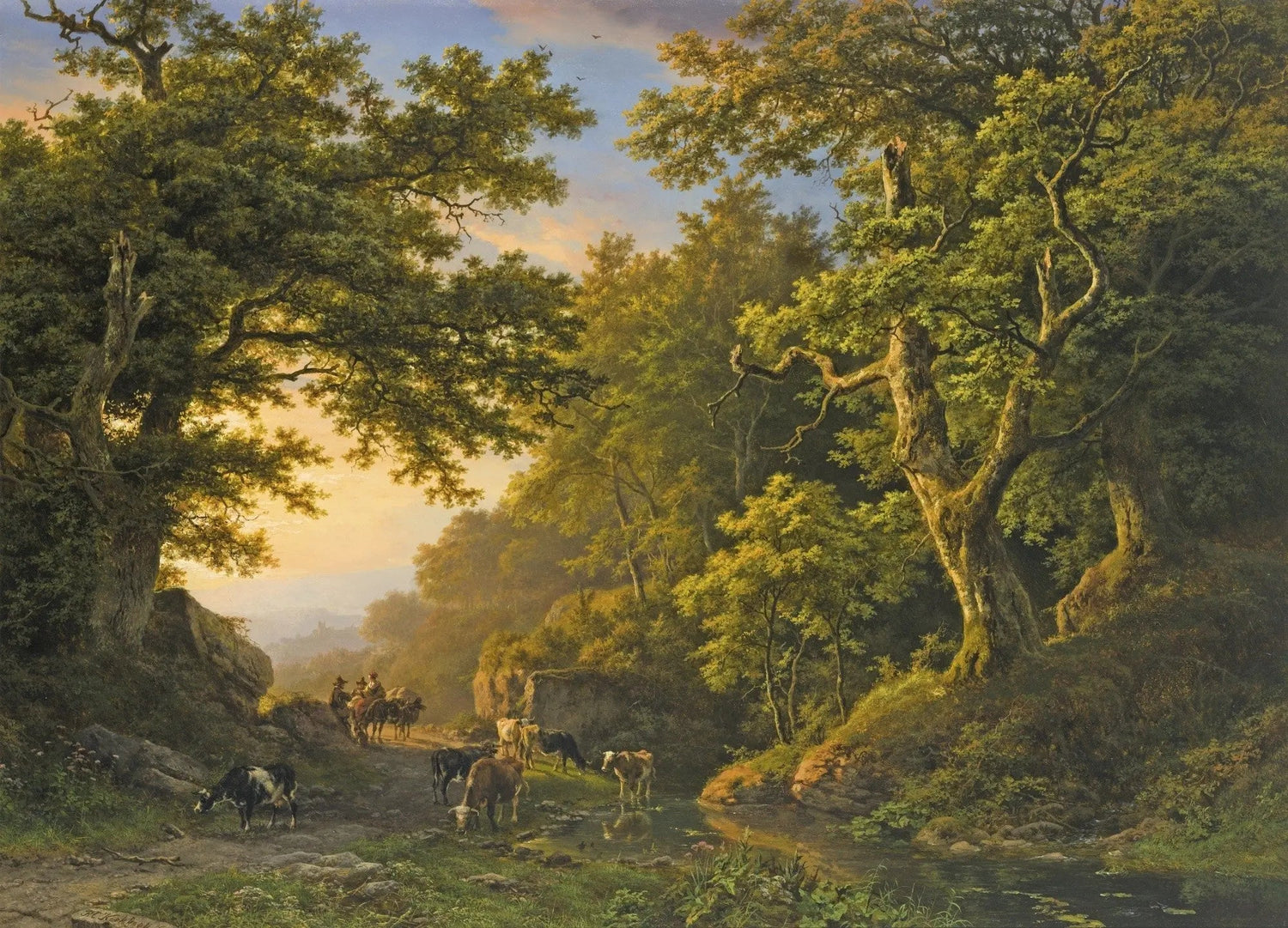 Landscape Oil Painting - Forest Path with Cattle & Travelers - Oil Painting Haven