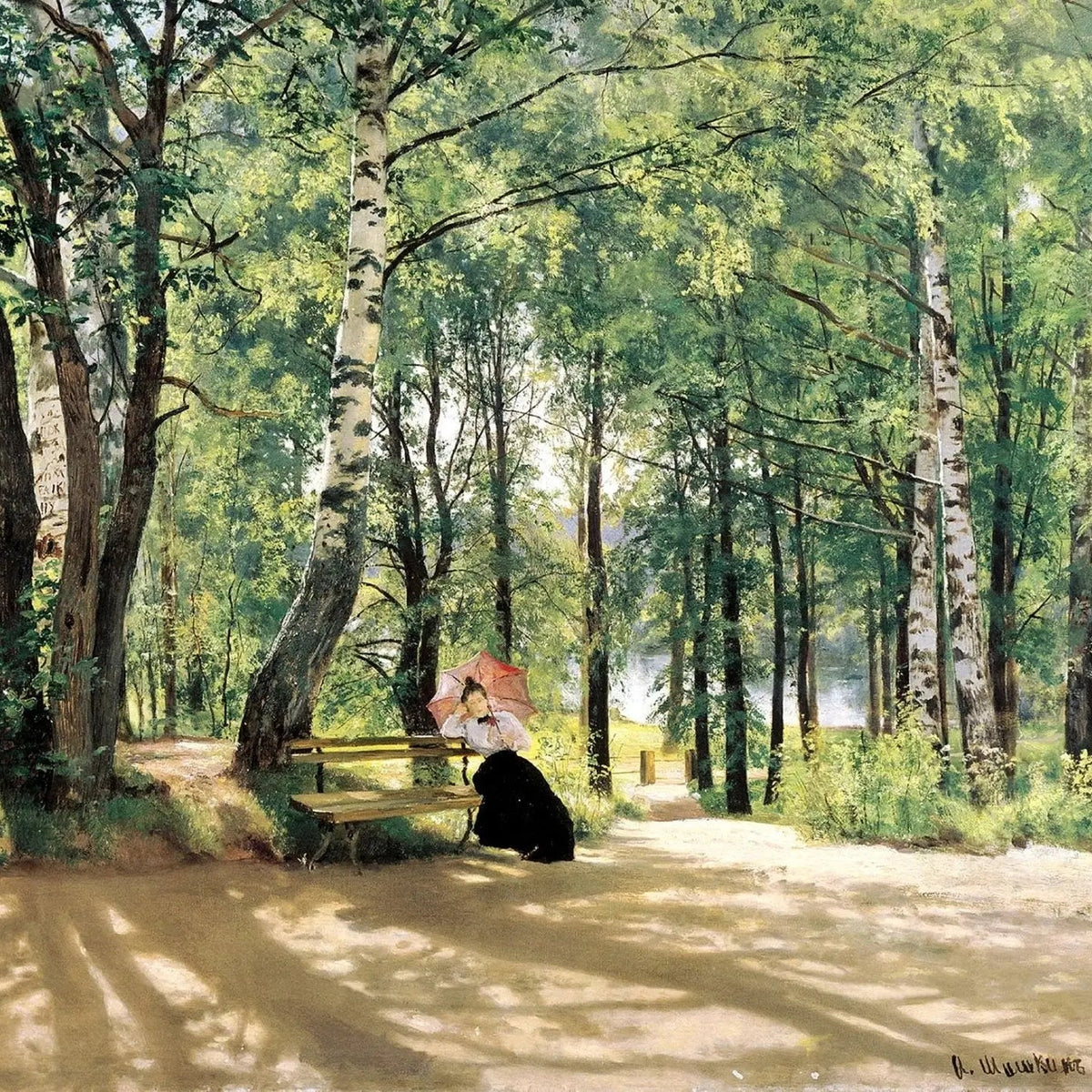 Landscape Oil Painting - Forest Path with Figure and Bench Wall Art - Oil Painting Haven