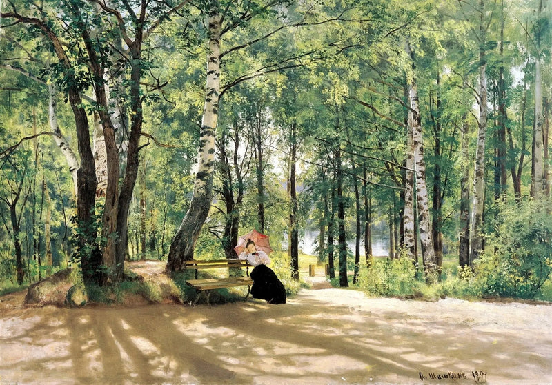Landscape Oil Painting - Forest Path with Figure and Bench Wall Art - Oil Painting Haven