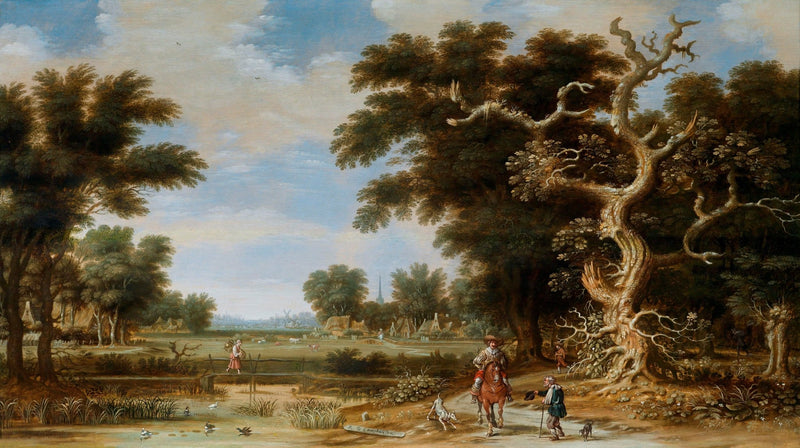 Hand-painted forest path with rider and ancient tree landscape oil painting on canvas