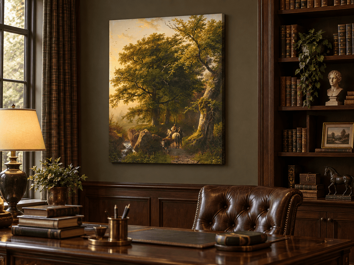 Landscape Oil Painting - Forest Path with Rider, Cattle and Trees