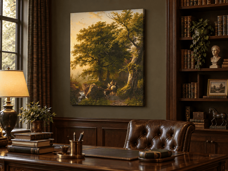 Landscape Oil Painting - Forest Path with Rider, Cattle and Trees