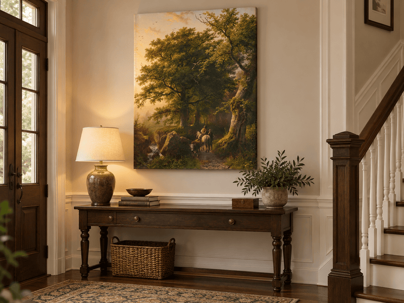 Landscape Oil Painting - Forest Path with Rider, Cattle and Trees