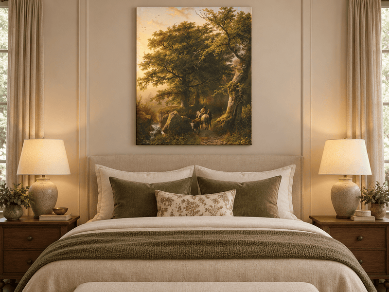 Landscape Oil Painting - Forest Path with Rider, Cattle and Trees