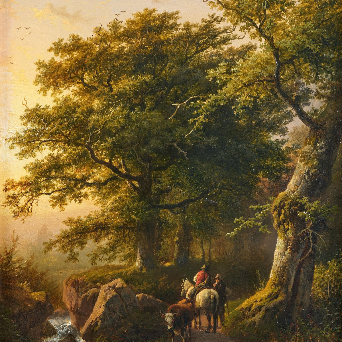 Landscape Oil Painting - Forest Path with Rider, Cattle and Trees - Oil Painting Haven