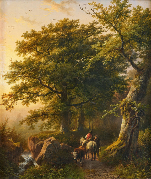 Landscape Oil Painting - Forest Path with Rider, Cattle and Trees - Oil Painting Haven
