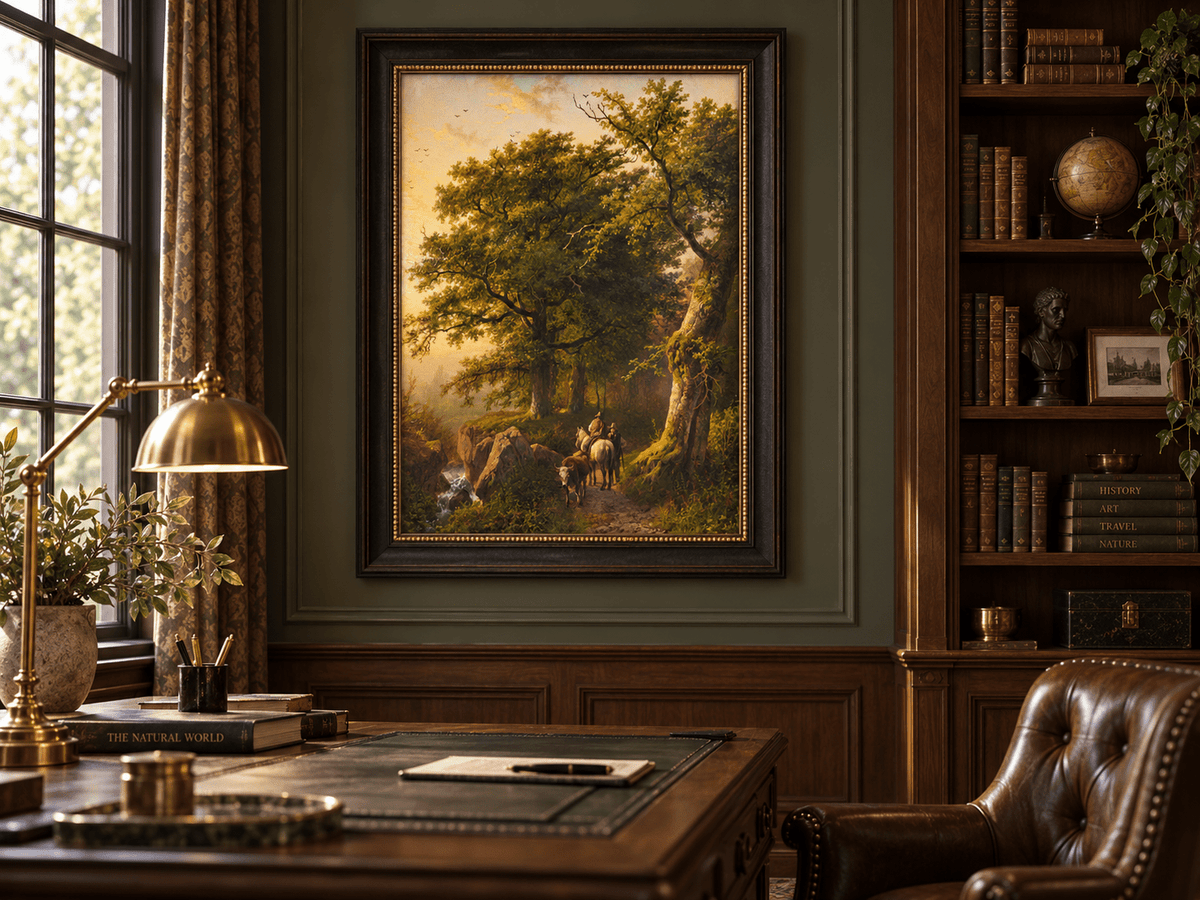 Landscape Oil Painting - Forest Path with Rider, Cattle and Trees
