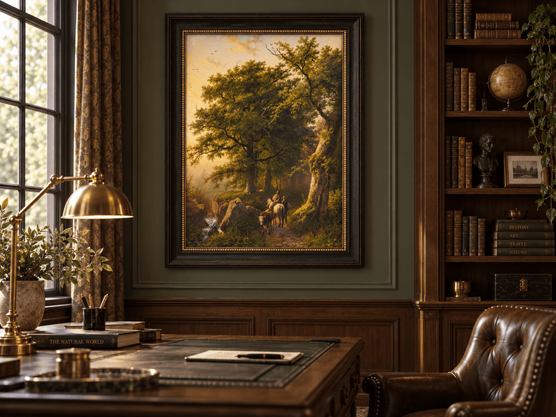 Landscape Oil Painting - Forest Path with Rider, Cattle and Trees