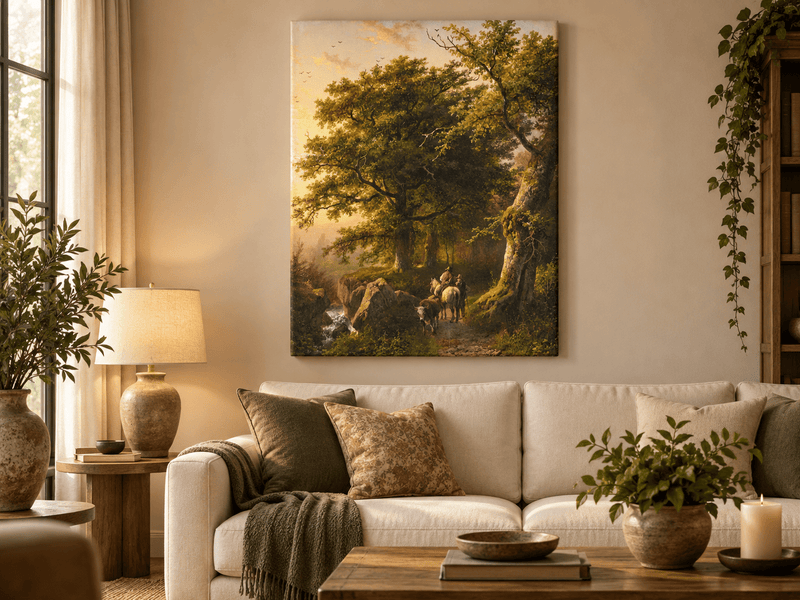 Landscape Oil Painting - Forest Path with Rider, Cattle and Trees