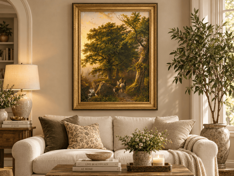 Landscape Oil Painting - Forest Path with Rider, Cattle and Trees