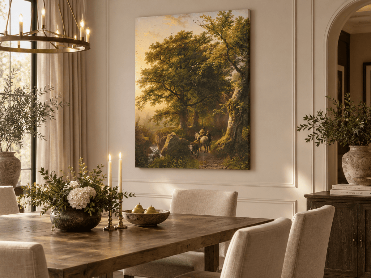 Landscape Oil Painting - Forest Path with Rider, Cattle and Trees