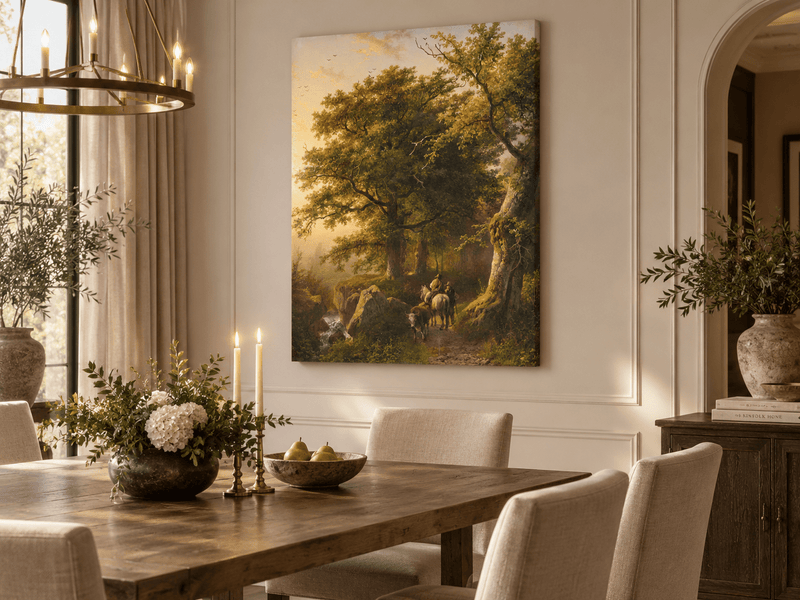 Landscape Oil Painting - Forest Path with Rider, Cattle and Trees