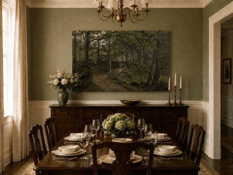 Landscape Oil Painting - Forest Path with Rustic Cottage Gate