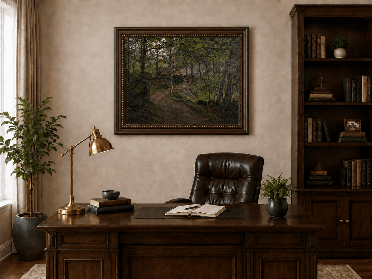 Landscape Oil Painting - Forest Path with Rustic Cottage Gate