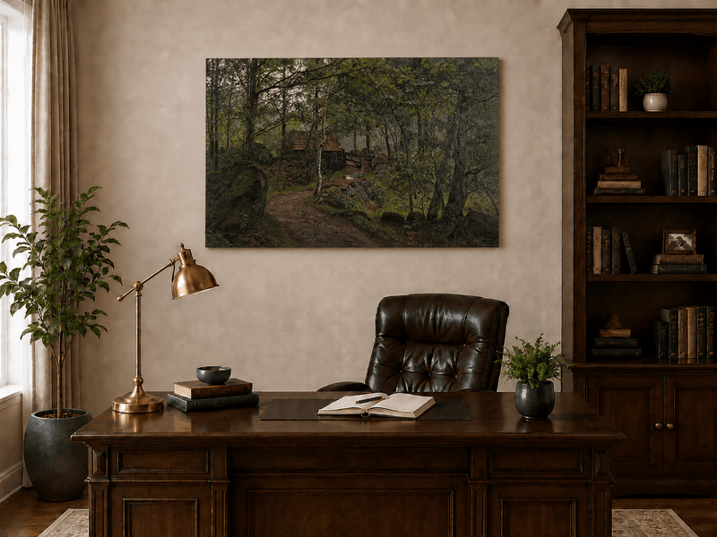 Landscape Oil Painting - Forest Path with Rustic Cottage Gate