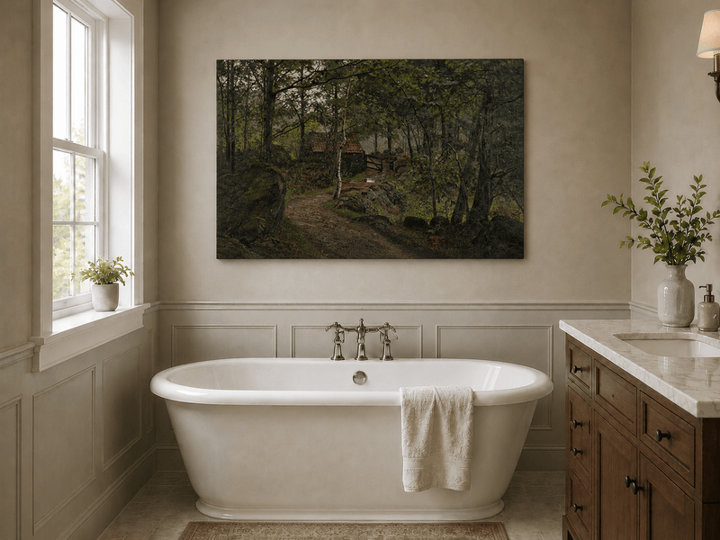 Landscape Oil Painting - Forest Path with Rustic Cottage Gate