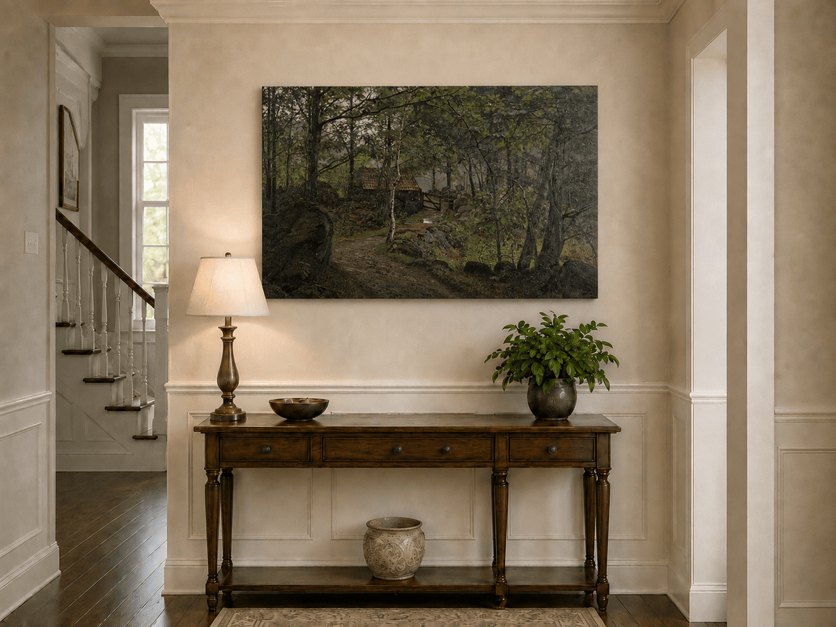 Landscape Oil Painting - Forest Path with Rustic Cottage Gate