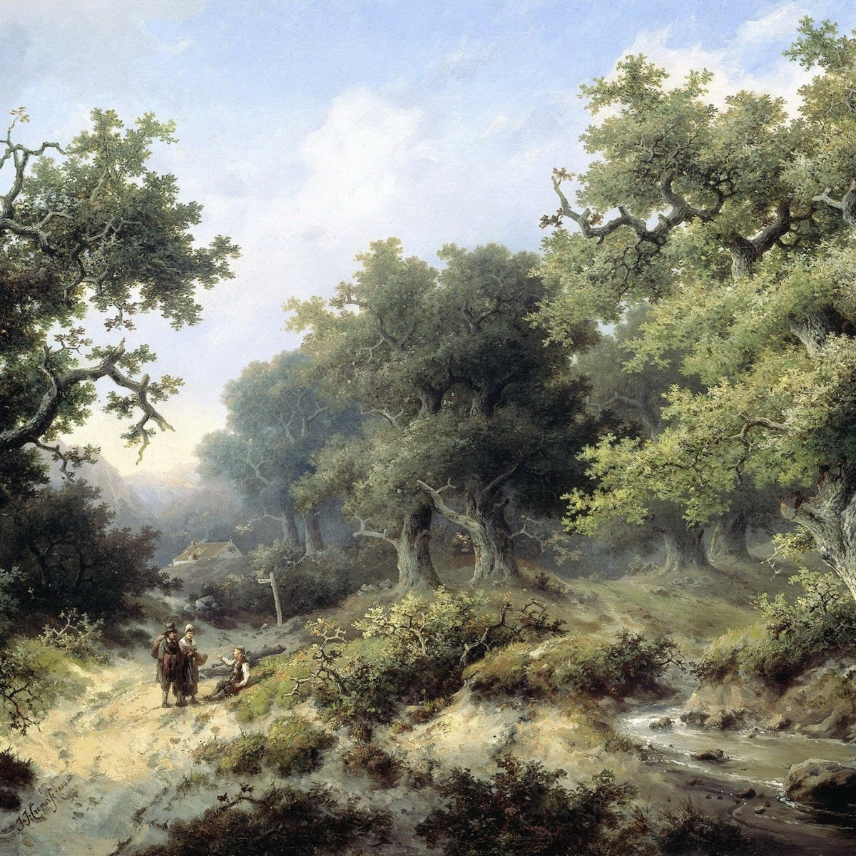 Hand painted landscape oil painting on canvas showing a forest path with travelers beside a winding stream, textured. - Add Frame, Canvas, Forest, Hand Painted, Landscape, Made To Order, Oil Painting, River, Road