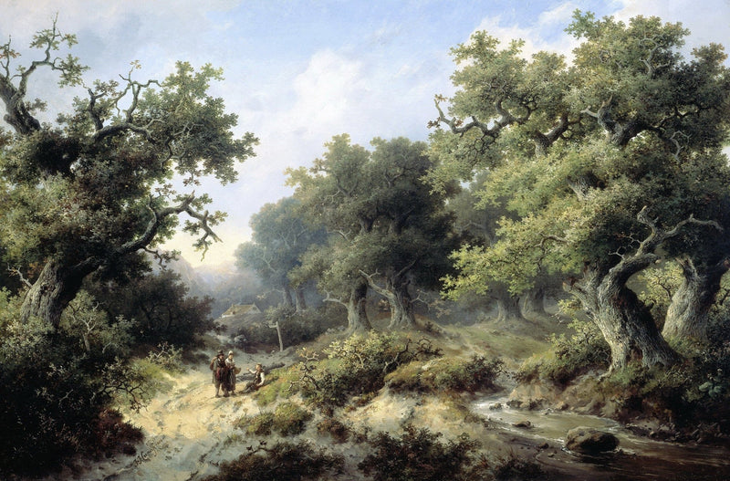 Hand painted landscape oil painting on canvas showing a forest path with travelers beside a winding stream, textured. - Add Frame, Canvas, Forest, Hand Painted, Landscape, Made To Order, Oil Painting, River, Road