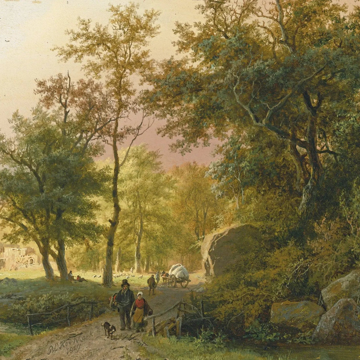 Landscape Oil Painting - Forest Path with Travelers & Ruins - Oil Painting Haven