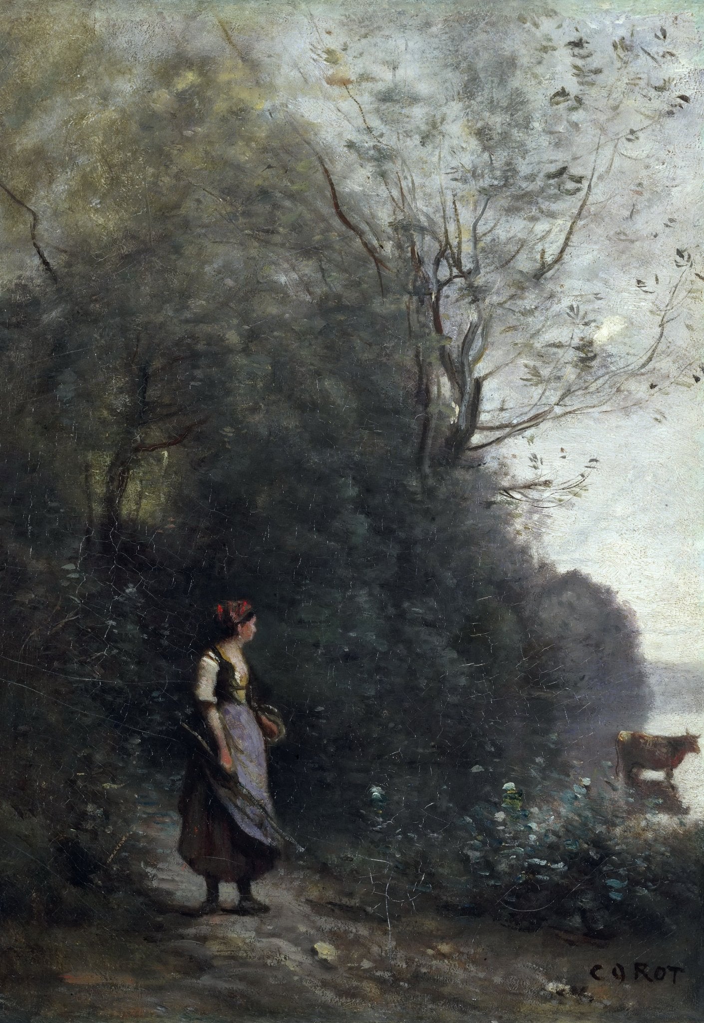 Landscape Oil Painting - Forest Peasant Girl with Grazing Cow - Oil Painting Haven