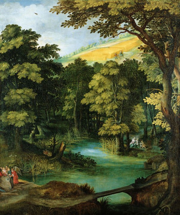 Landscape Oil Painting - Forest Pond Landscape with Figures - Oil Painting Haven