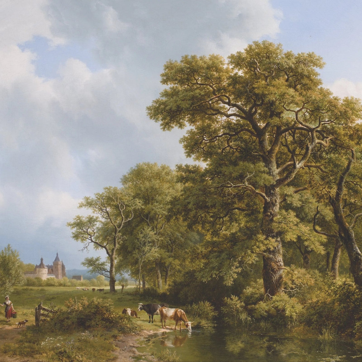 Landscape Oil Painting - Forest Pond with Cattle, Figure & Castle - Oil Painting Haven