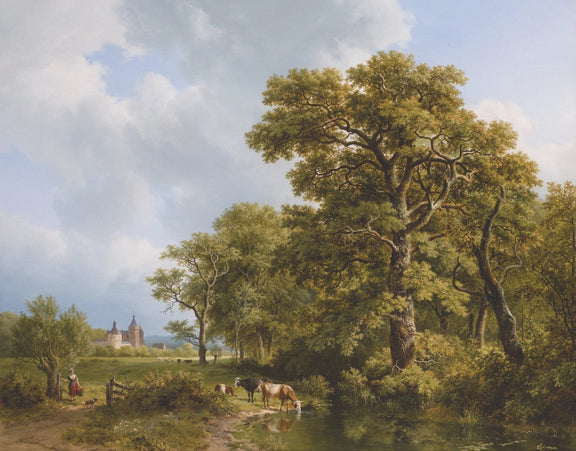 Landscape Oil Painting - Forest Pond with Cattle, Figure & Castle - Oil Painting Haven