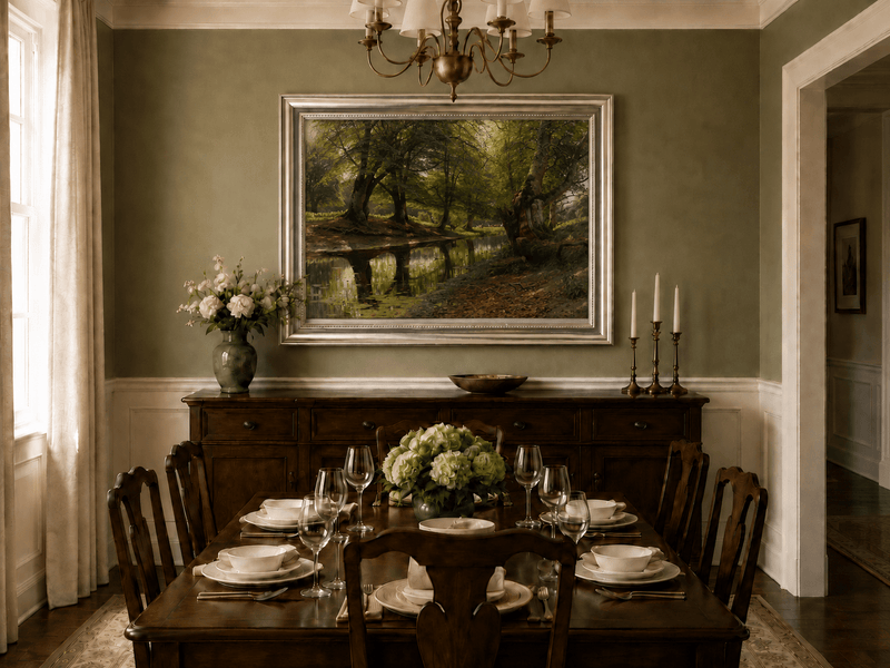 Peinture à l'huile de paysage - Scène de rivière hivernale avec personnages et chevaux