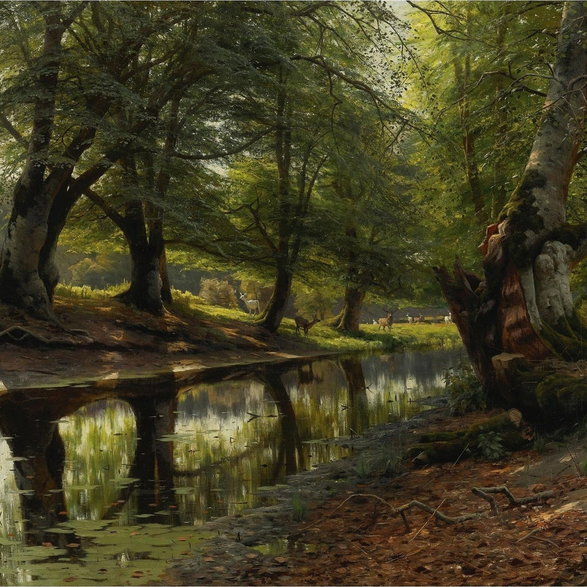 Landscape Oil Painting - Forest Pond with Deer and Sunlight - Oil Painting Haven