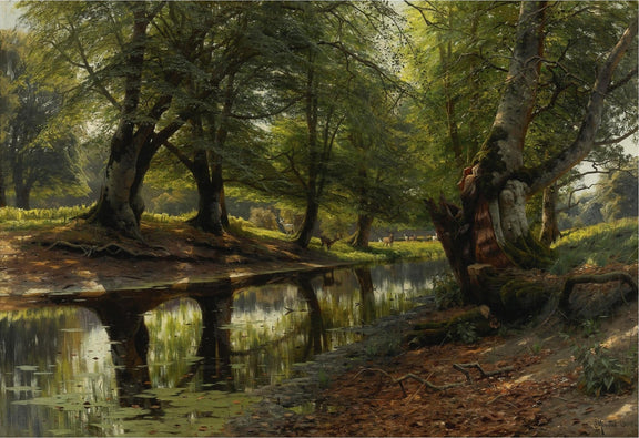 Landscape Oil Painting - Forest Pond with Deer and Sunlight - Oil Painting Haven