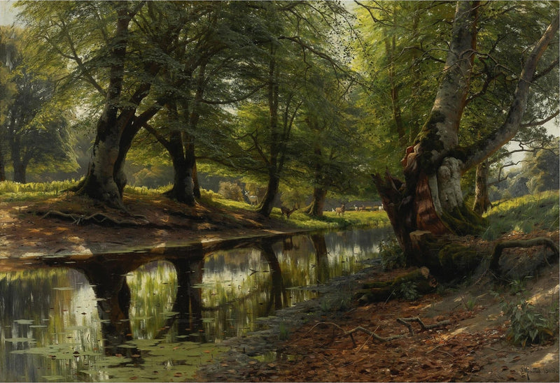 Landscape Oil Painting - Forest Pond with Deer and Sunlight - Oil Painting Haven