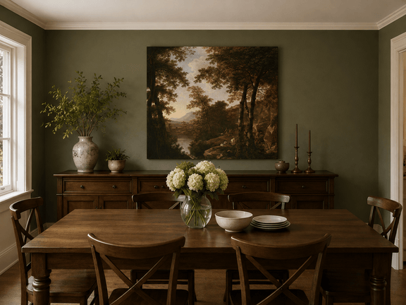 Hand-painted forest river and dogs landscape artwork in an interior display.