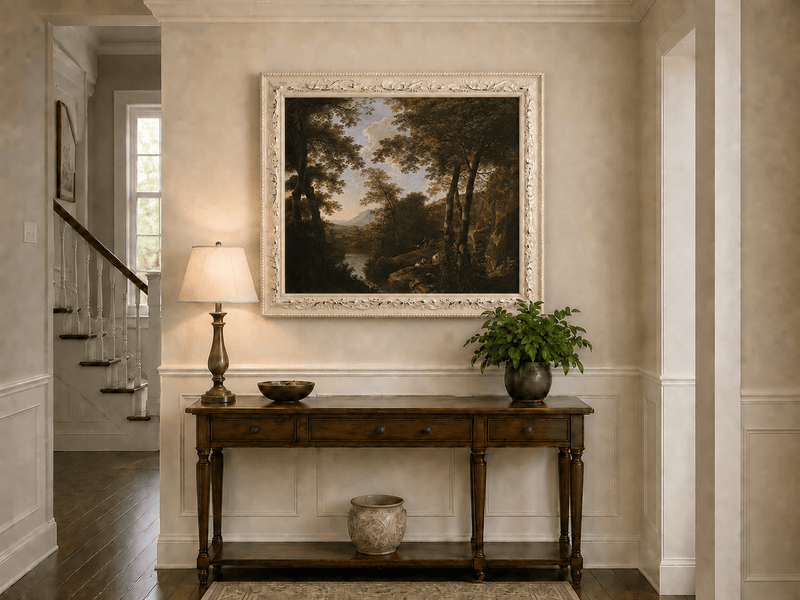 Forest river with dogs hand-painted oil artwork shown as home wall decor.