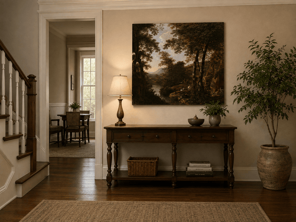 Forest river landscape painting shown as decorative oil wall art.