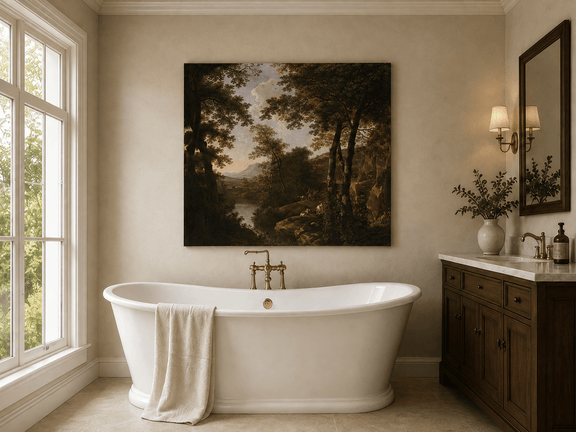Forest river landscape with dogs oil painting presented as styled home decor.