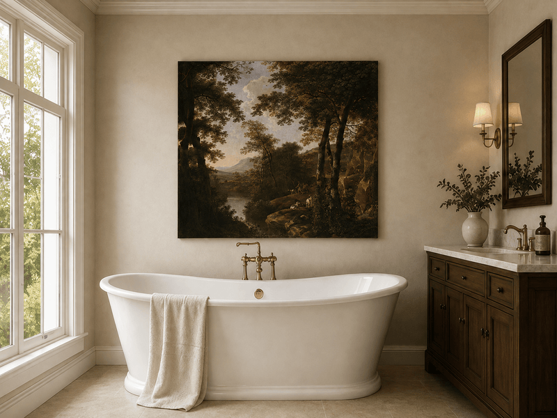 Forest river landscape with dogs oil painting presented as styled home decor.