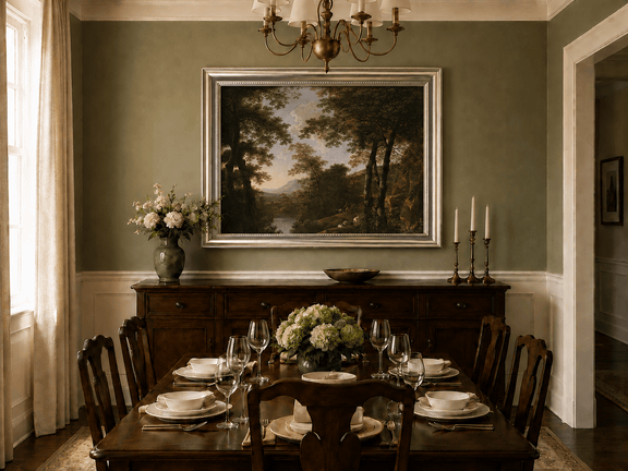 Forest river and dogs oil landscape artwork shown in a styled home interior.