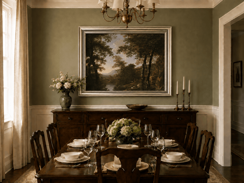 Forest river and dogs oil landscape artwork shown in a styled home interior.