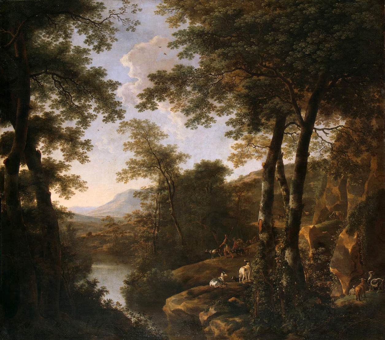 Hand-painted forest river landscape with dogs oil painting on canvas