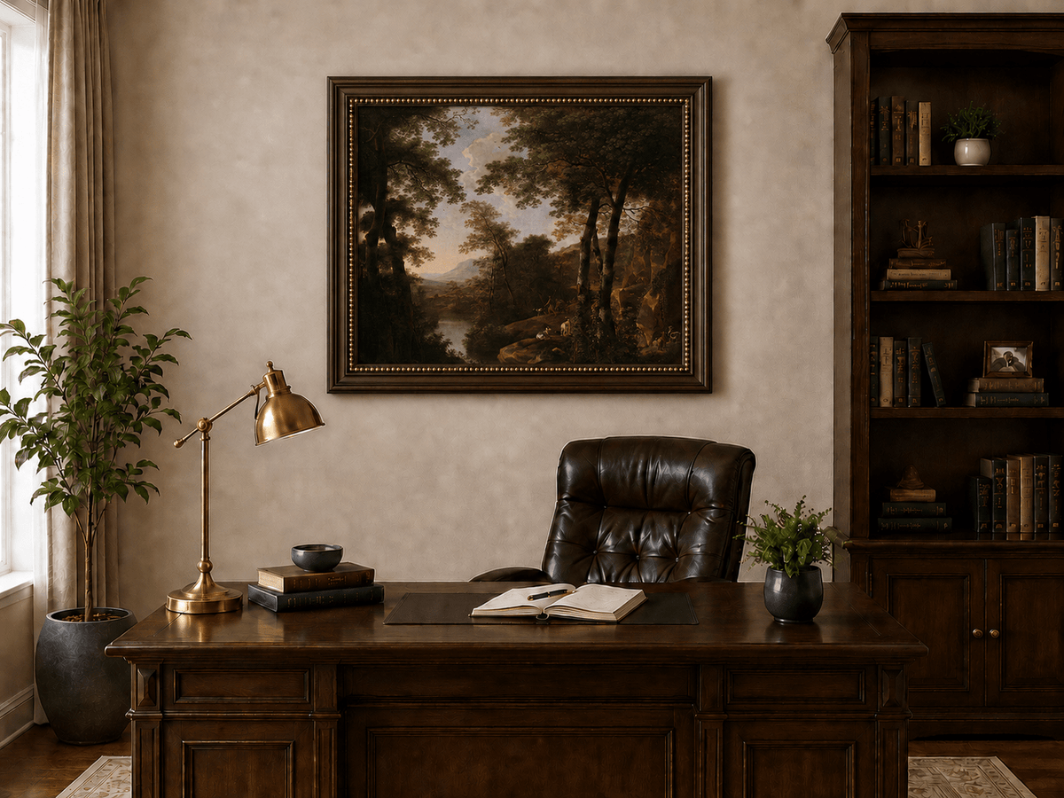 Forest river landscape with dogs oil painting presented in an interior wall art mockup.
