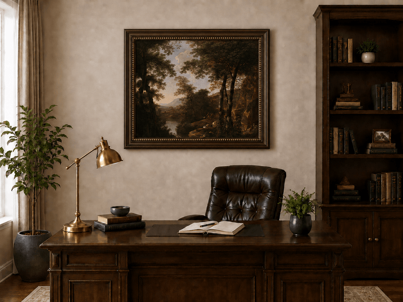 Forest river landscape with dogs oil painting presented in an interior wall art mockup.
