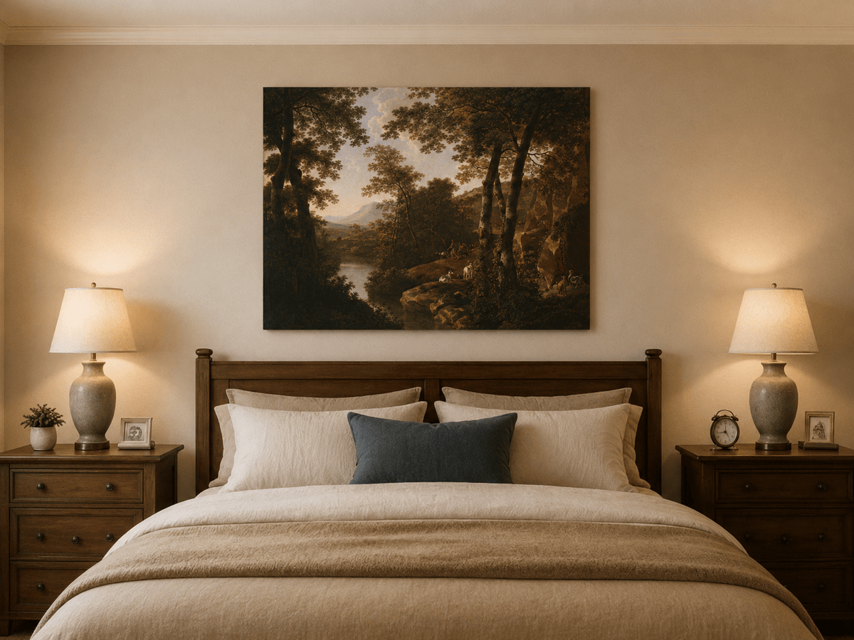 Forest river oil painting with dogs displayed as landscape wall decor.